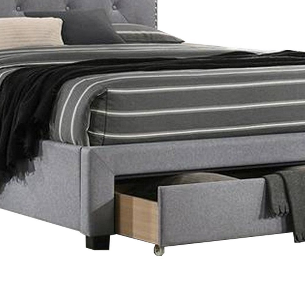 Benjara Nue Twin Upholstered Bed with Curved Tufted Headboard, Nailhead Trim, Gray