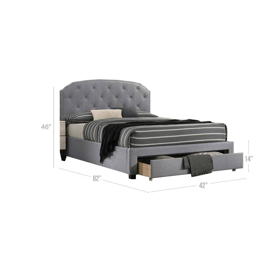 Benjara Nue Twin Upholstered Bed with Curved Tufted Headboard, Nailhead Trim, Gray