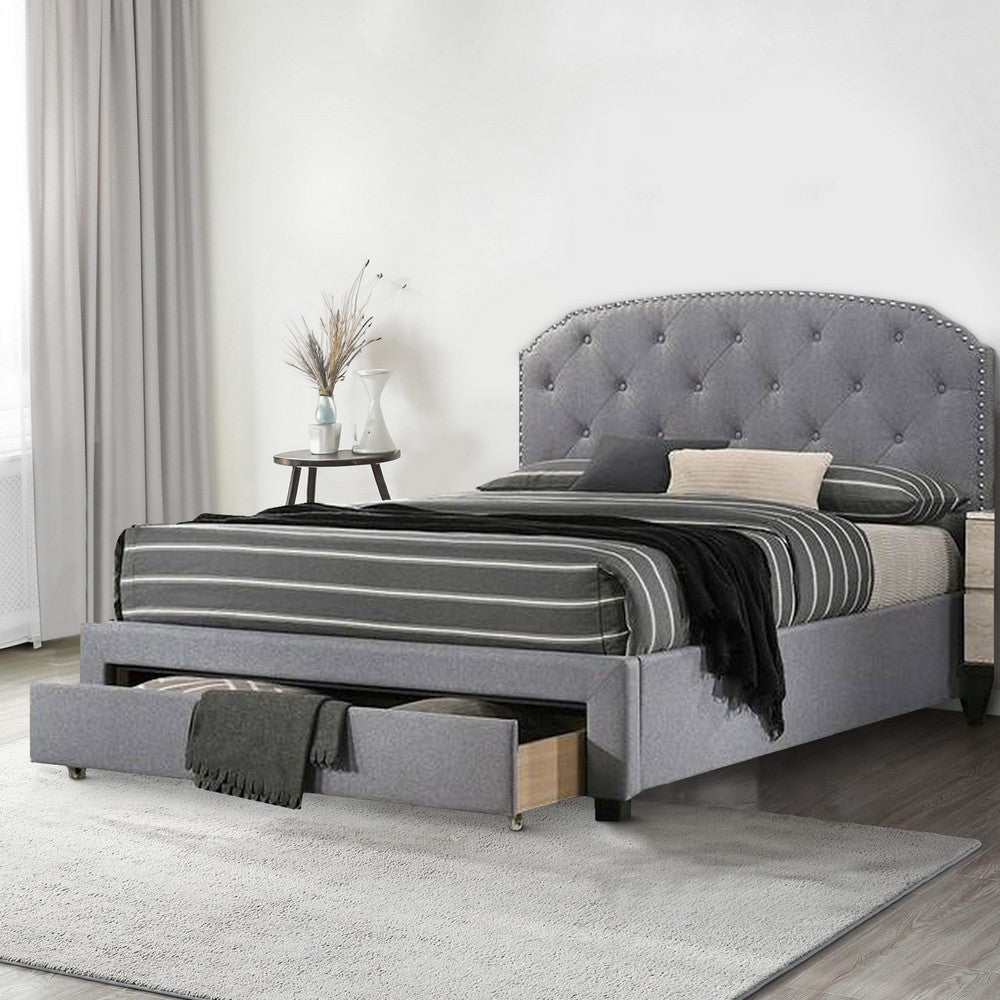 Benjara Nue Twin Upholstered Bed with Curved Tufted Headboard, Nailhead Trim, Gray