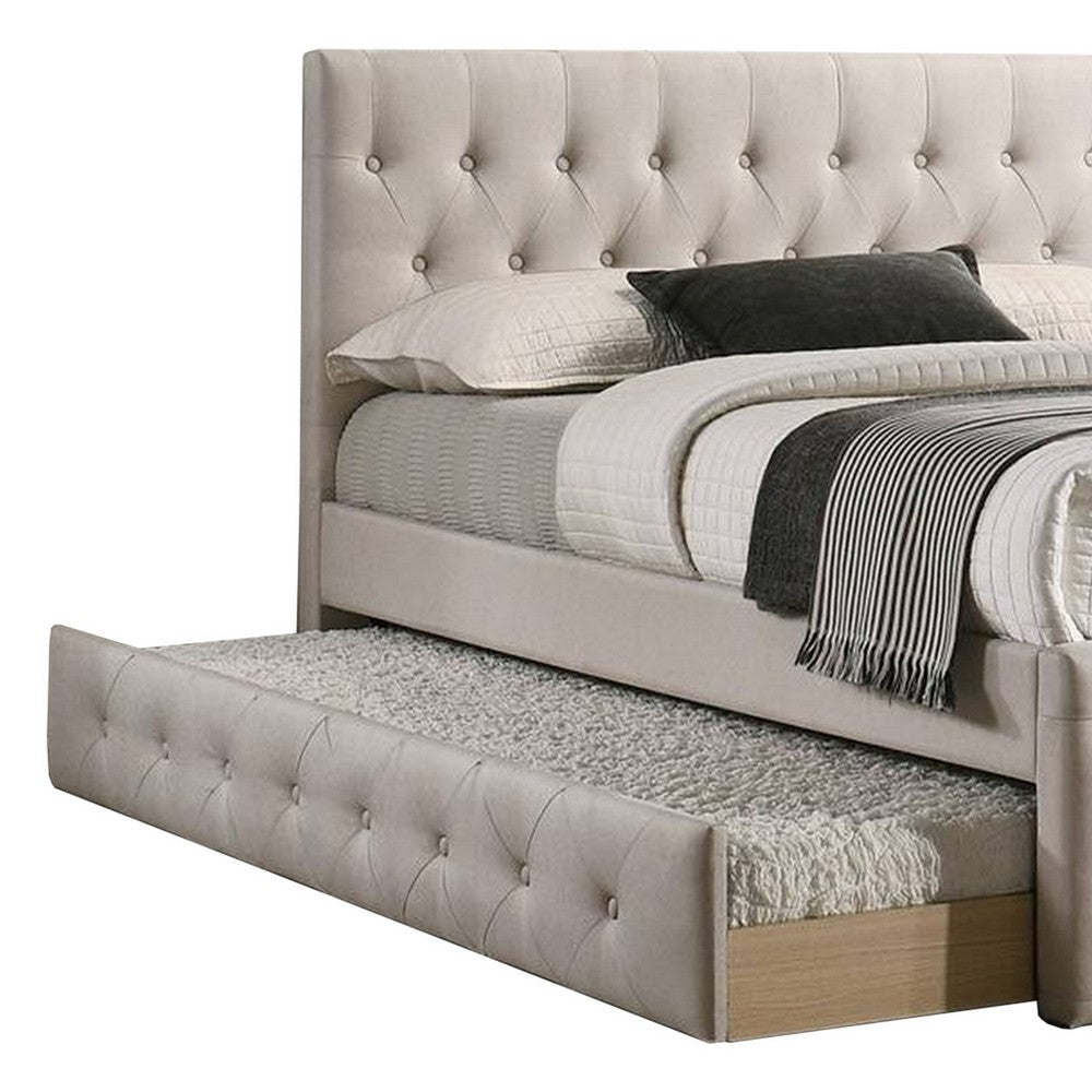 Benjara Nek Wood Full Size Upholstered Bed with Twin Trundle, Taupe Burlap Frame