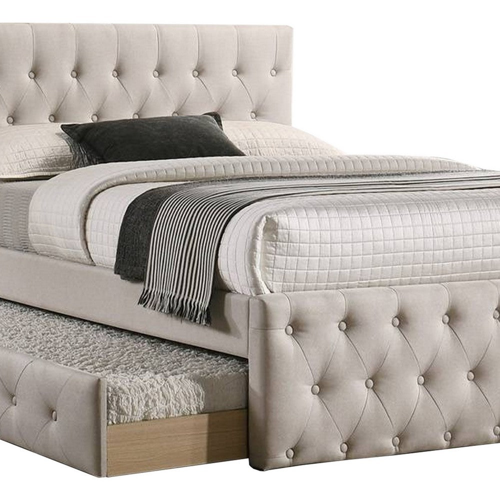 Benjara Nek Wood Full Size Upholstered Bed with Twin Trundle, Taupe Burlap Frame