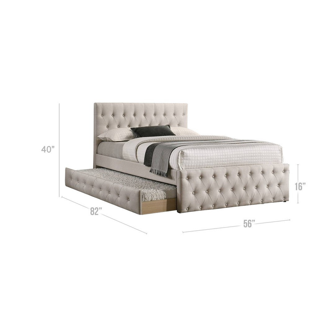 Benjara Nek Wood Full Size Upholstered Bed with Twin Trundle, Taupe Burlap Frame