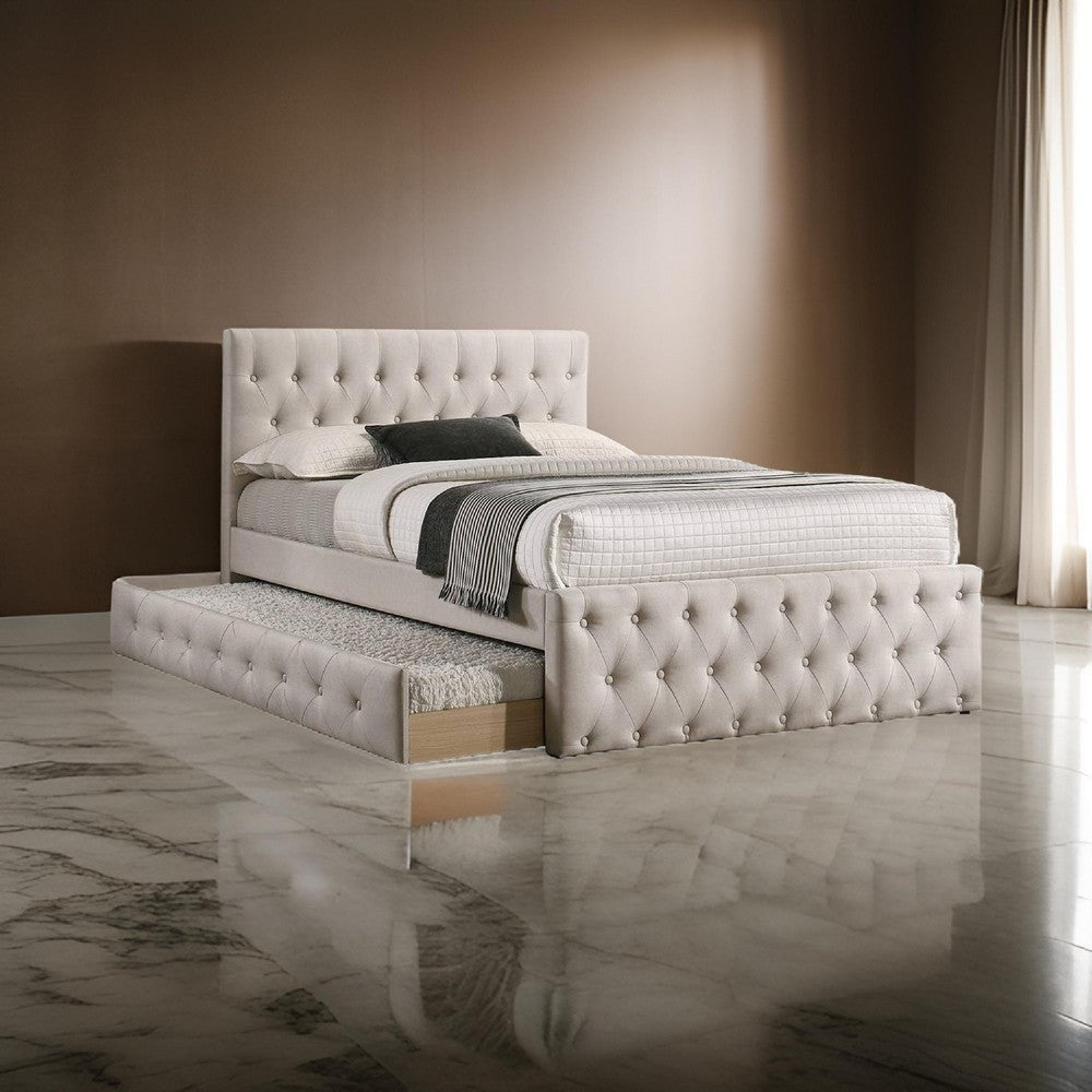 Benjara Nek Wood Full Size Upholstered Bed with Twin Trundle, Taupe Burlap Frame