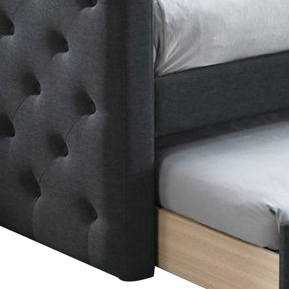 Benjara Edra Classic Upholstered Day Bed with Trundle, Tufted Charcoal Gray Burlap