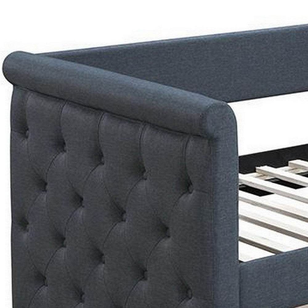 Benjara Edra Classic Upholstered Day Bed with Trundle, Tufted Charcoal Gray Burlap