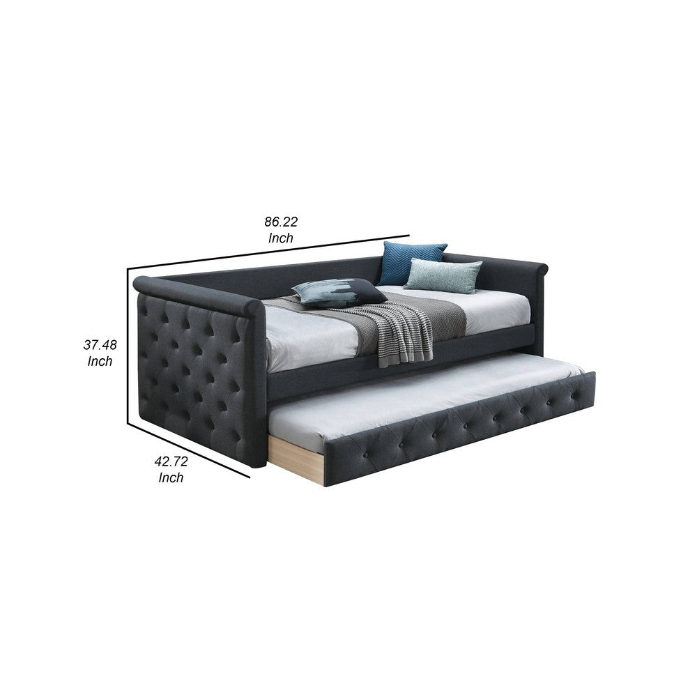Benjara Edra Classic Upholstered Day Bed with Trundle, Tufted Charcoal Gray Burlap