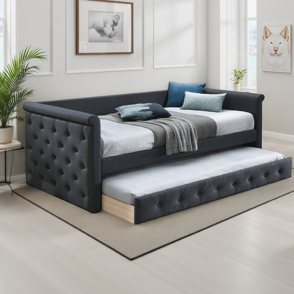 Benjara Edra Classic Upholstered Day Bed with Trundle, Tufted Charcoal Gray Burlap