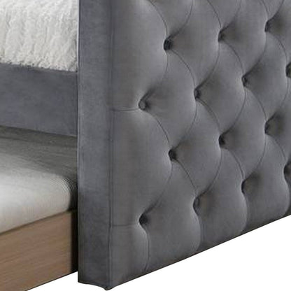 Benjara Edra Classic Wood Upholstered Day Bed with Trundle, Tufted Gray Burlap