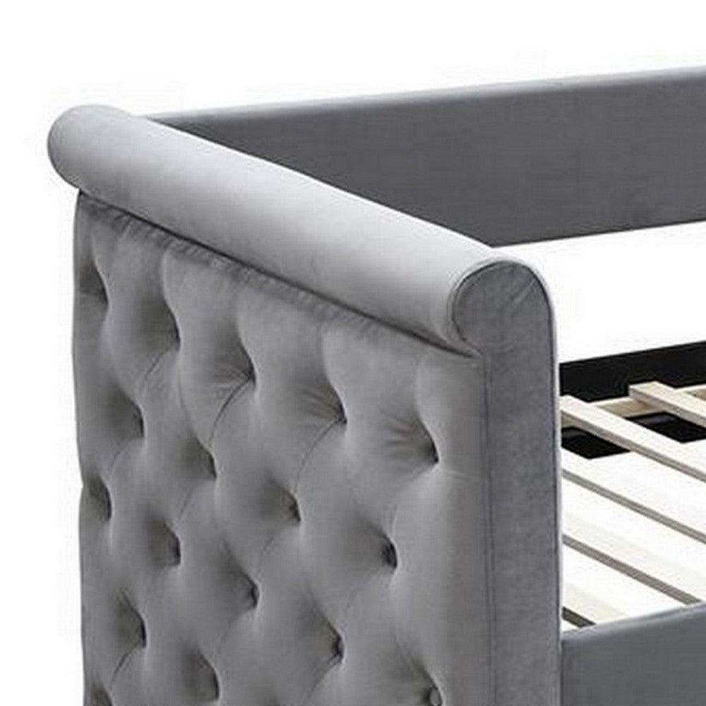 Benjara Edra Classic Wood Upholstered Day Bed with Trundle, Tufted Gray Burlap