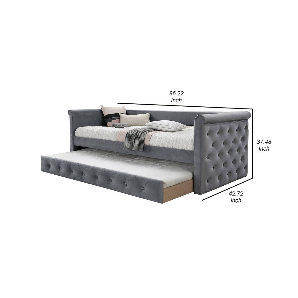 Benjara Edra Classic Wood Upholstered Day Bed with Trundle, Tufted Gray Burlap