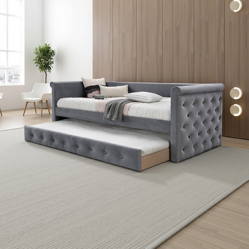 Benjara Edra Classic Wood Upholstered Day Bed with Trundle, Tufted Gray Burlap