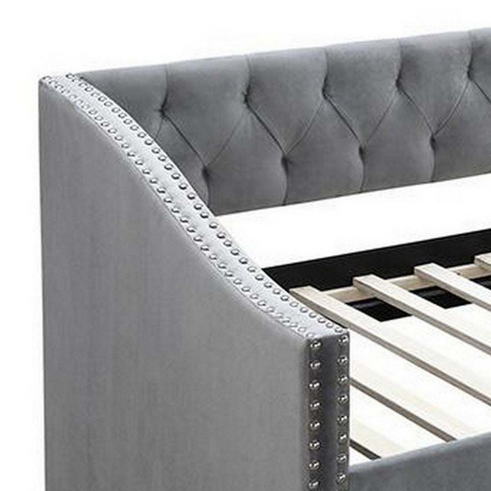 Benjara Ann Modern Wood Day Bed with Trundle, Straight Tufted Back, Gray Burlap