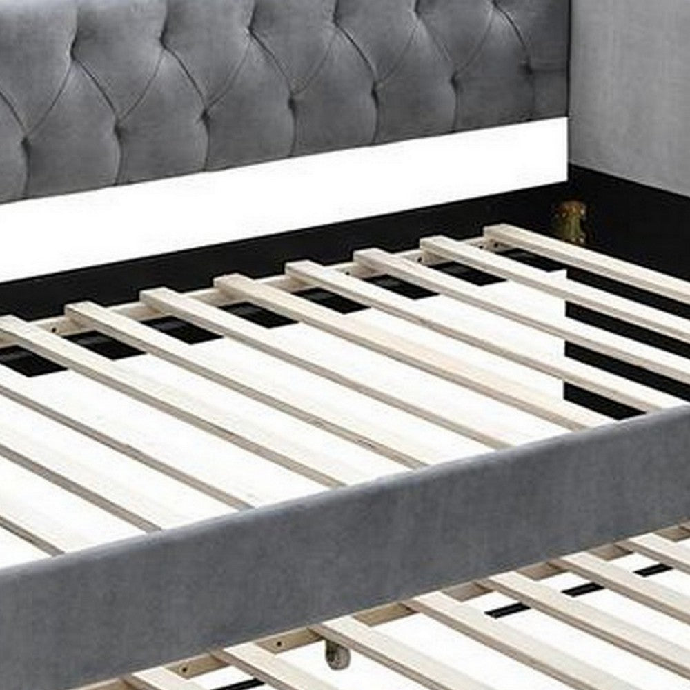 Benjara Ann Modern Wood Day Bed with Trundle, Straight Tufted Back, Gray Burlap