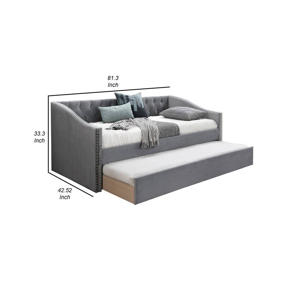 Benjara Ann Modern Wood Day Bed with Trundle, Straight Tufted Back, Gray Burlap