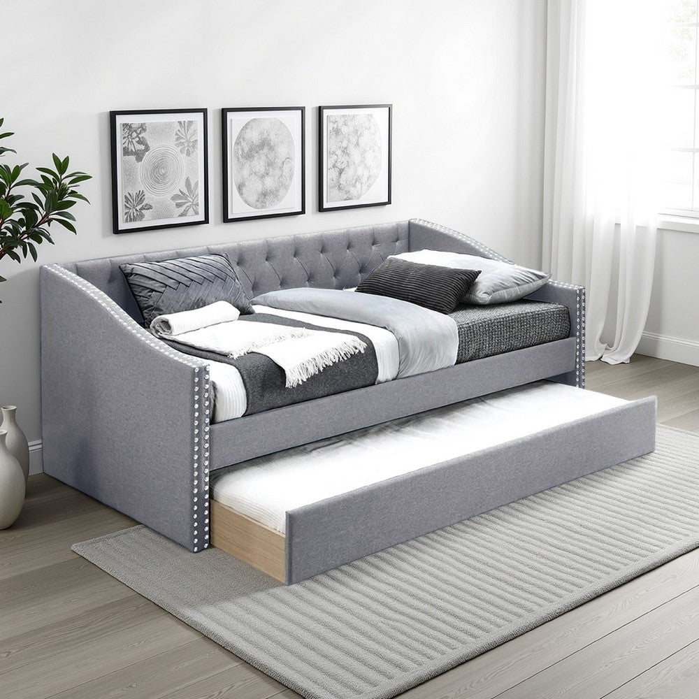Benjara Ann Modern Wood Day Bed with Trundle, Straight Tufted Back, Gray Burlap