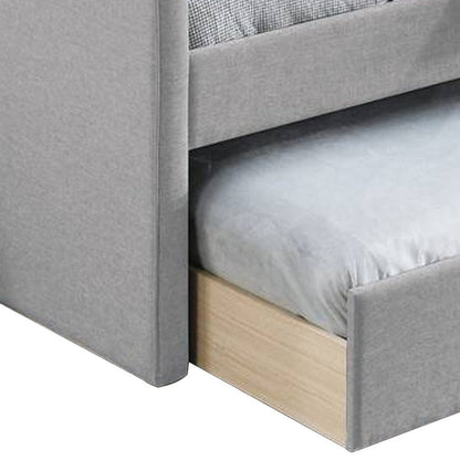 Benjara Diem Classic Wood Day Bed with Trundle, Button Tufted Back, Gray Burlap
