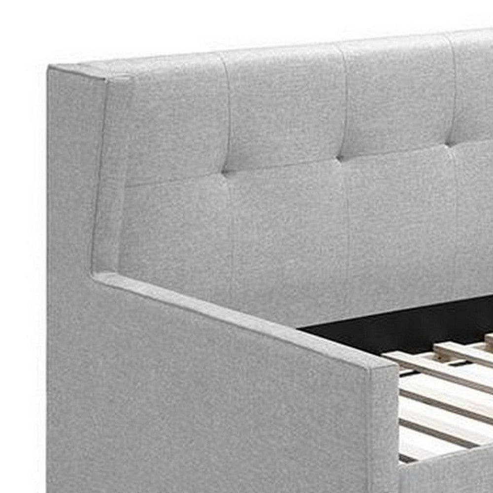 Benjara Diem Classic Wood Day Bed with Trundle, Button Tufted Back, Gray Burlap