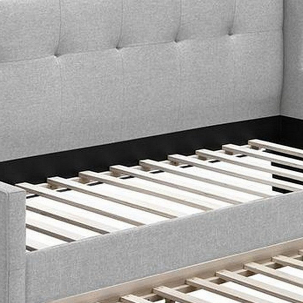 Benjara Diem Classic Wood Day Bed with Trundle, Button Tufted Back, Gray Burlap