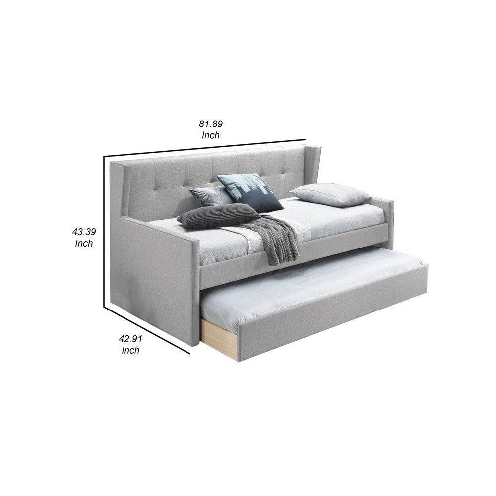 Benjara Diem Classic Wood Day Bed with Trundle, Button Tufted Back, Gray Burlap