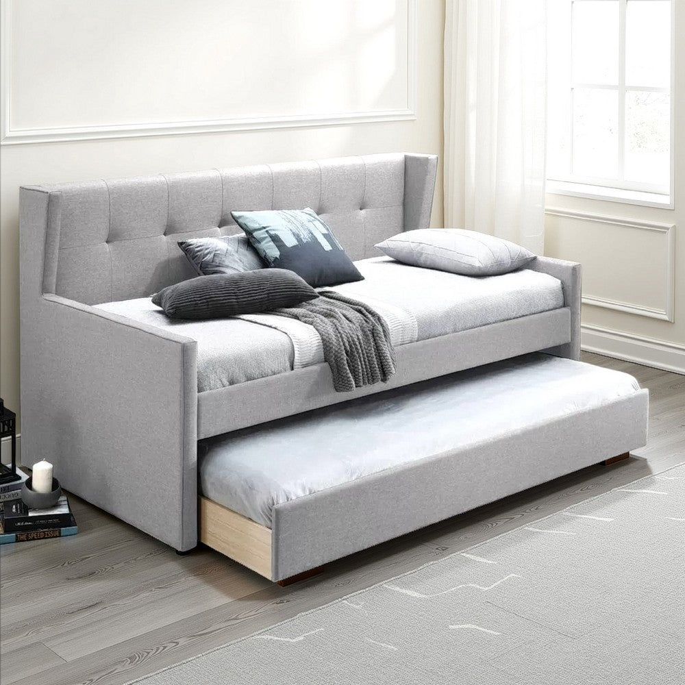 Benjara Diem Classic Wood Day Bed with Trundle, Button Tufted Back, Gray Burlap