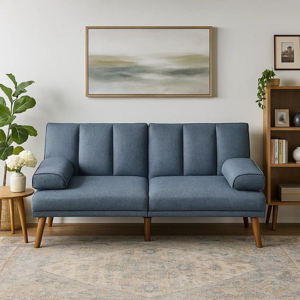 Benjara Dora 71 Inch Adjustable Futon Sofa Bed with Vertical Channel Tufting, Blue