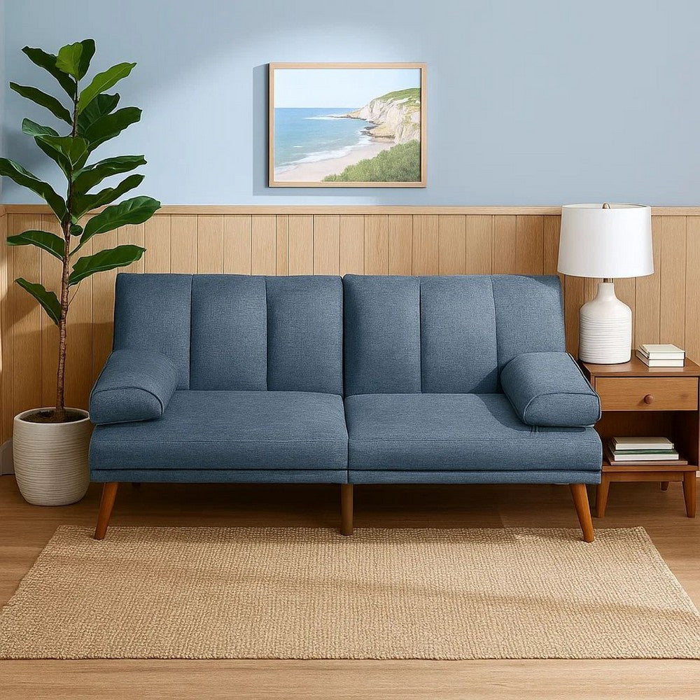 Benjara Dora 71 Inch Adjustable Futon Sofa Bed with Vertical Channel Tufting, Blue