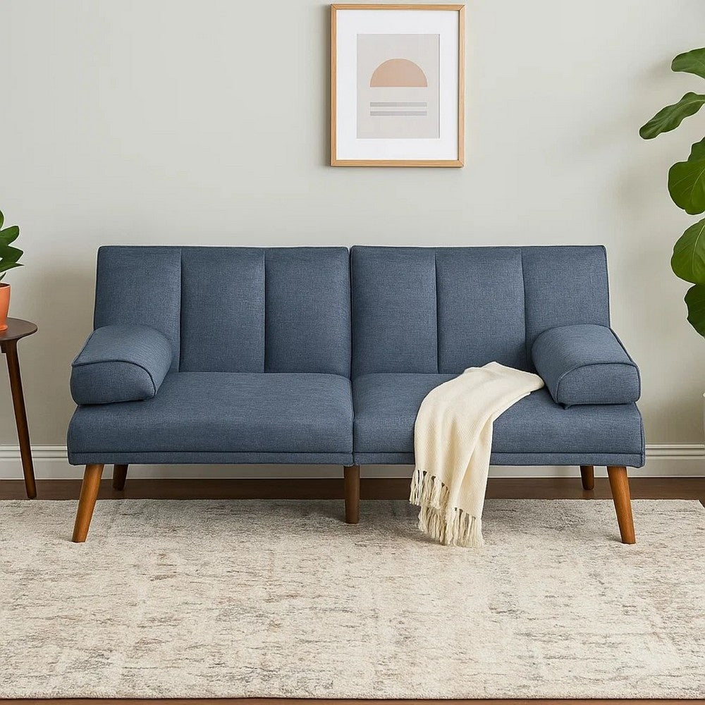 Benjara Dora 71 Inch Adjustable Futon Sofa Bed with Vertical Channel Tufting, Blue