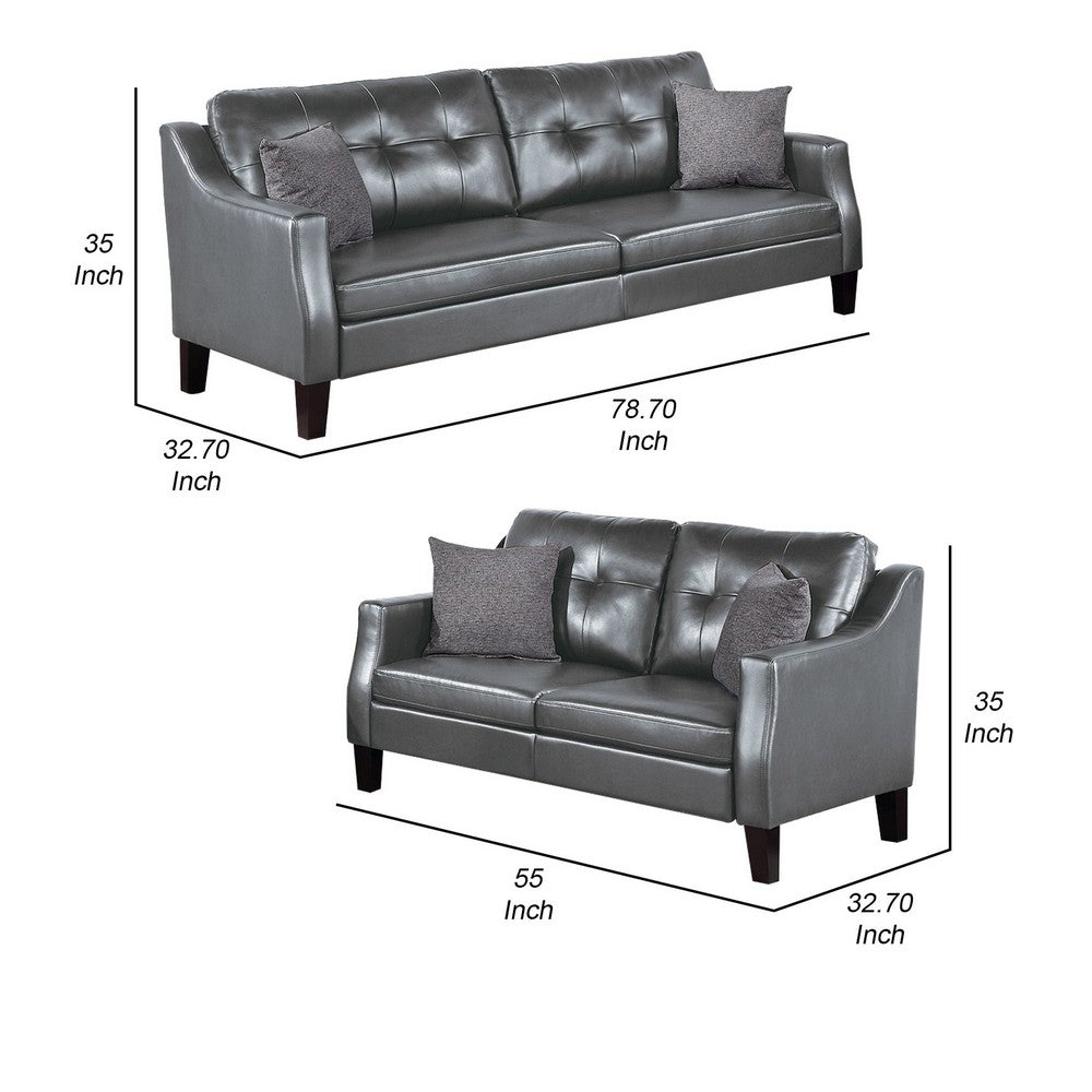 Benjara Hera 2 Piece Sofa And Loveseat Set, 4 Pillows, Classic Gray Faux Leather