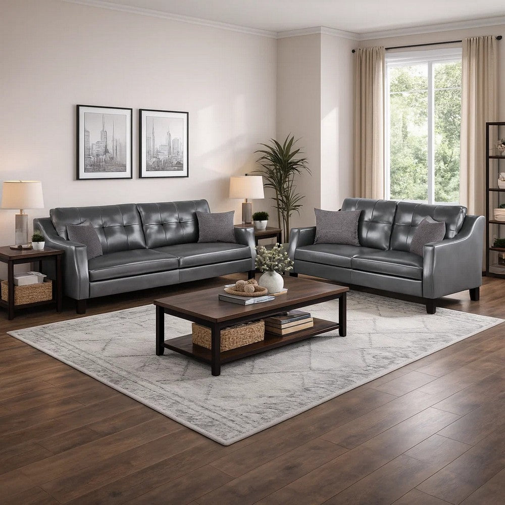 Benjara Hera 2 Piece Sofa And Loveseat Set, 4 Pillows, Classic Gray Faux Leather