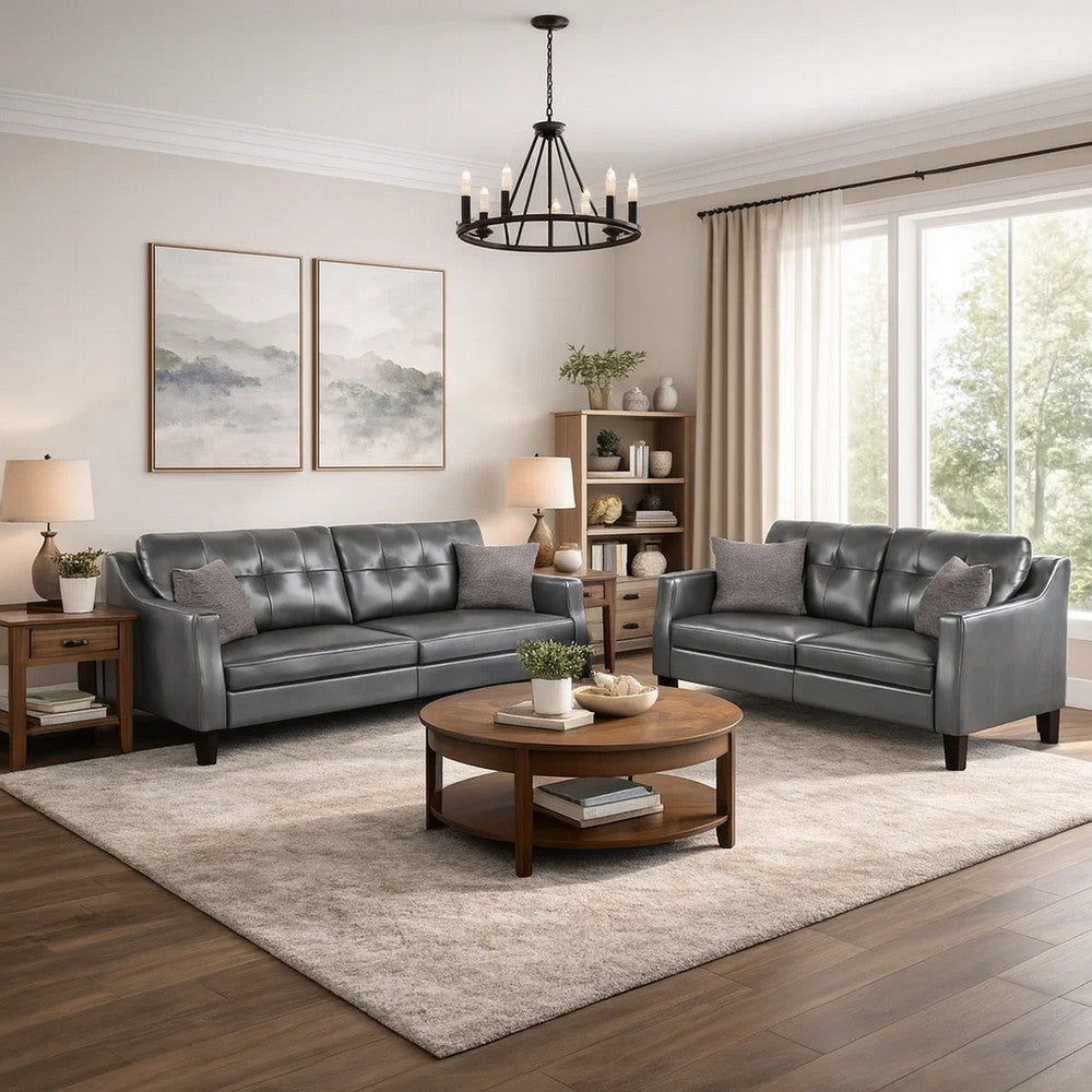Benjara Hera 2 Piece Sofa And Loveseat Set, 4 Pillows, Classic Gray Faux Leather