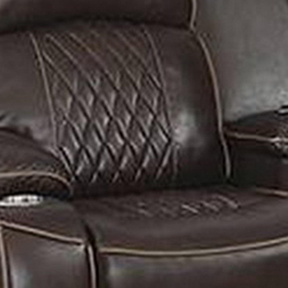 Benjara Seda 71 Inch Power Reclining Loveseat, Storage Console, Brown Faux Leather