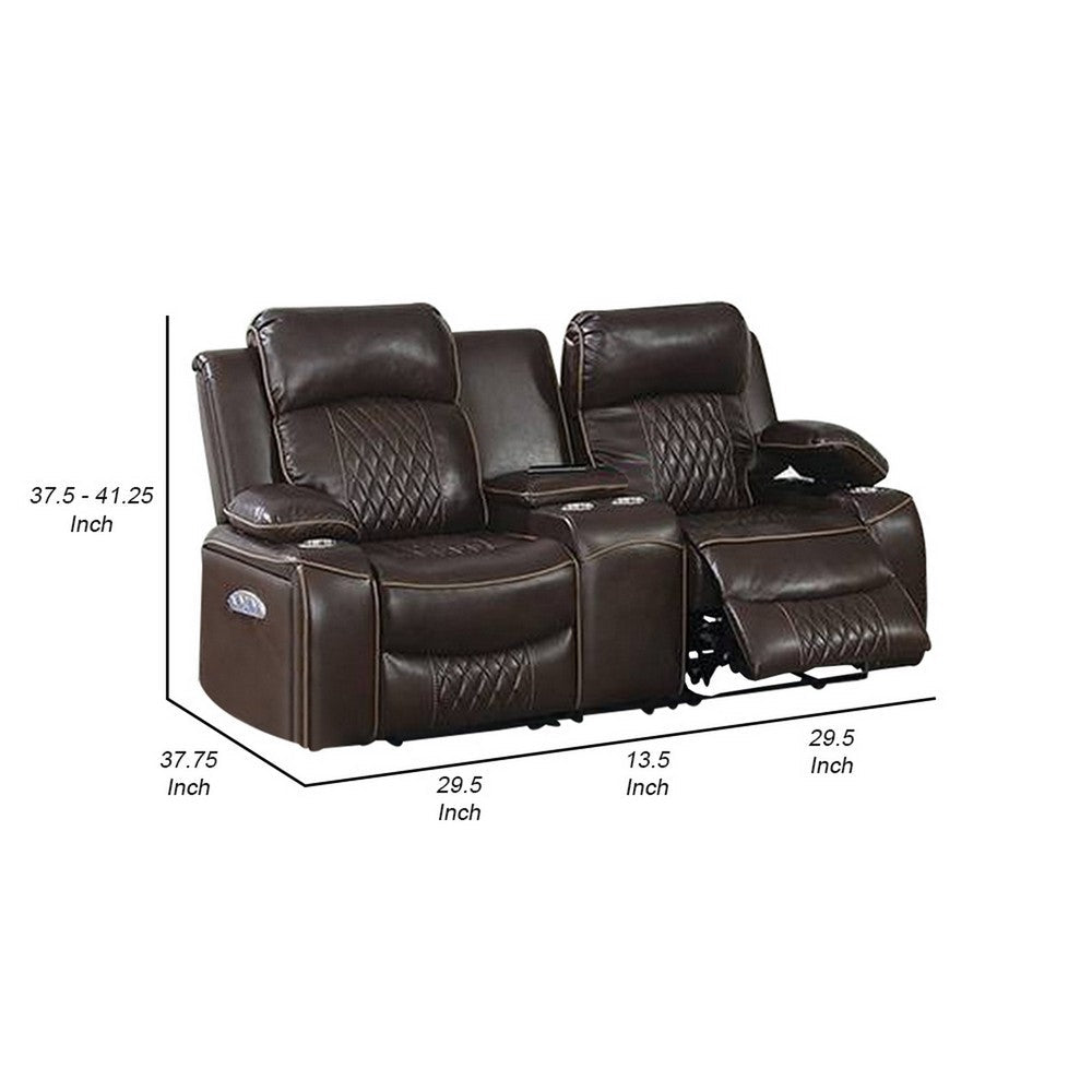 Benjara Seda 71 Inch Power Reclining Loveseat, Storage Console, Brown Faux Leather