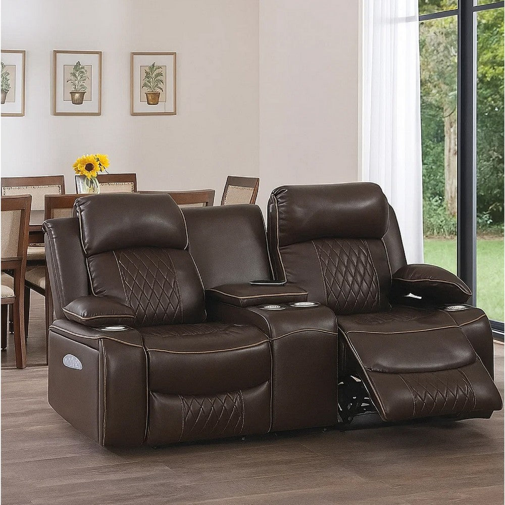 Benjara Seda 71 Inch Power Reclining Loveseat, Storage Console, Brown Faux Leather