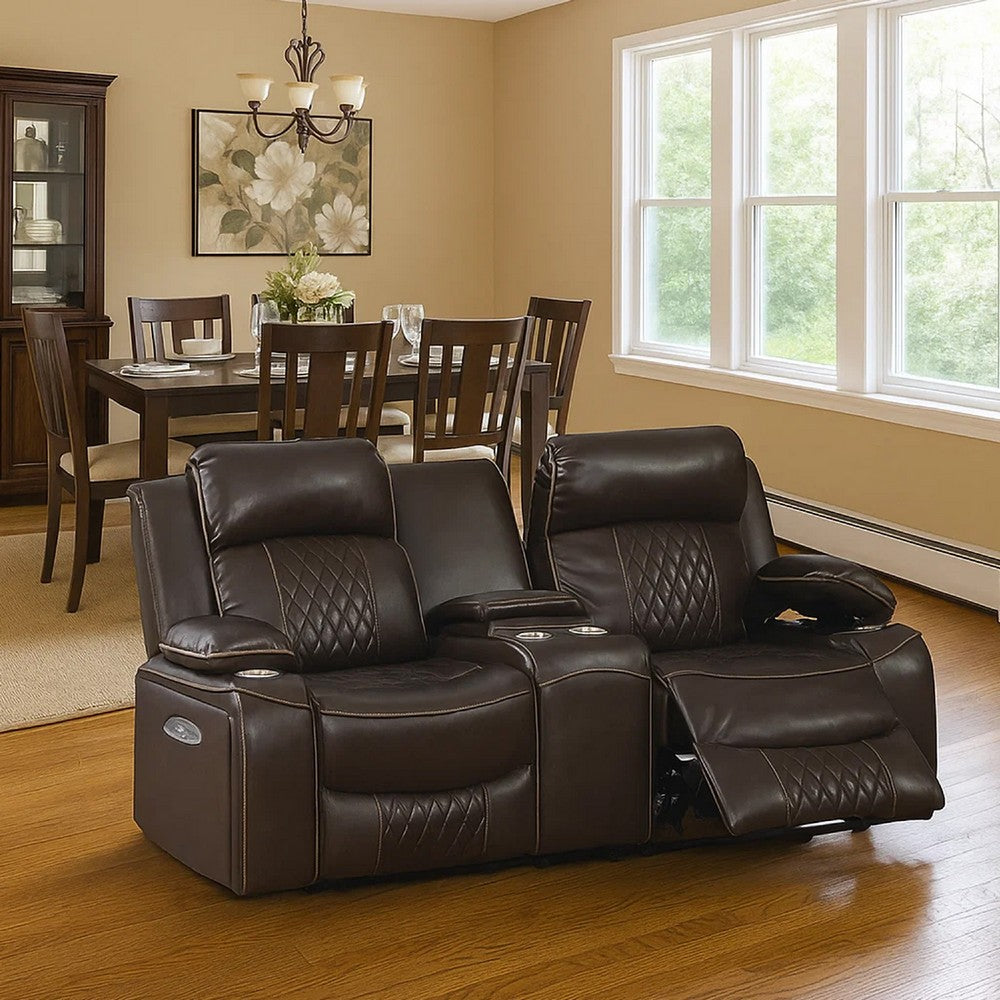 Benjara Seda 71 Inch Power Reclining Loveseat, Storage Console, Brown Faux Leather