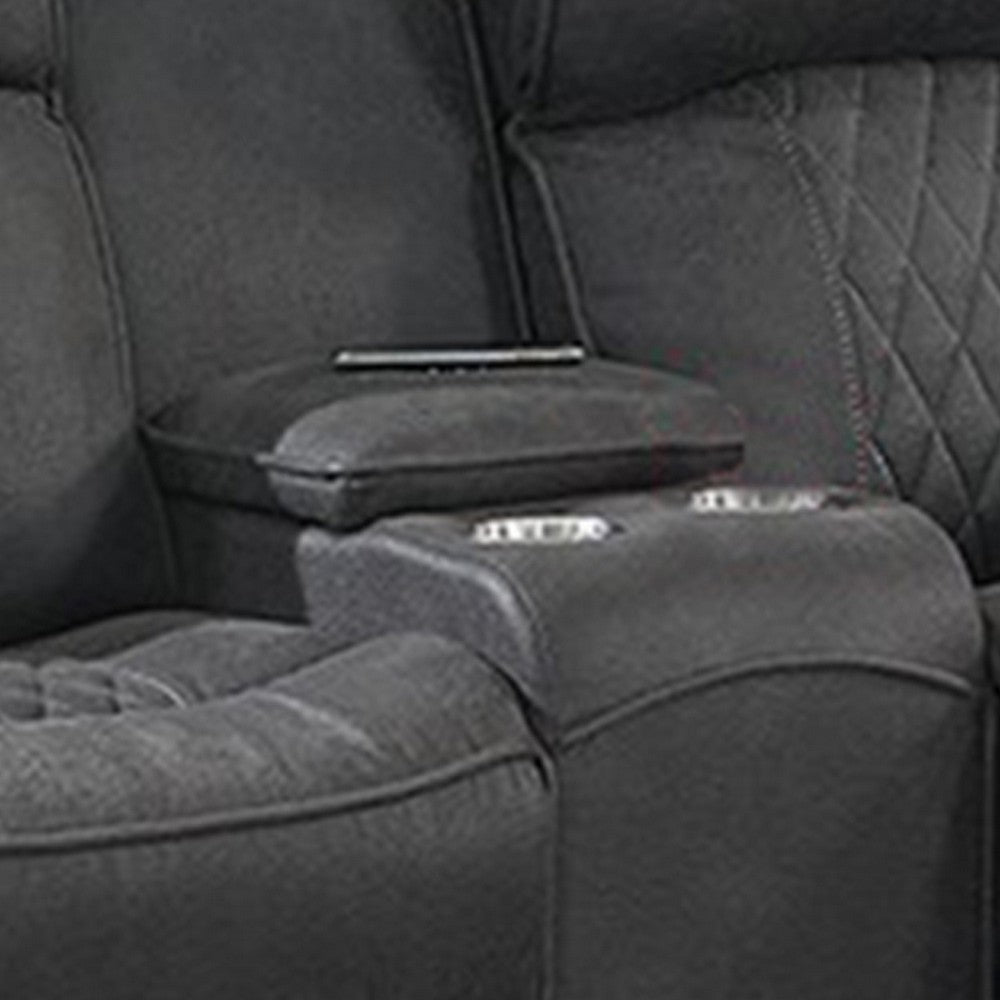 Benjara Seda 71 Inch Power Reclining Loveseat, Storage Console, Gray Faux Leather