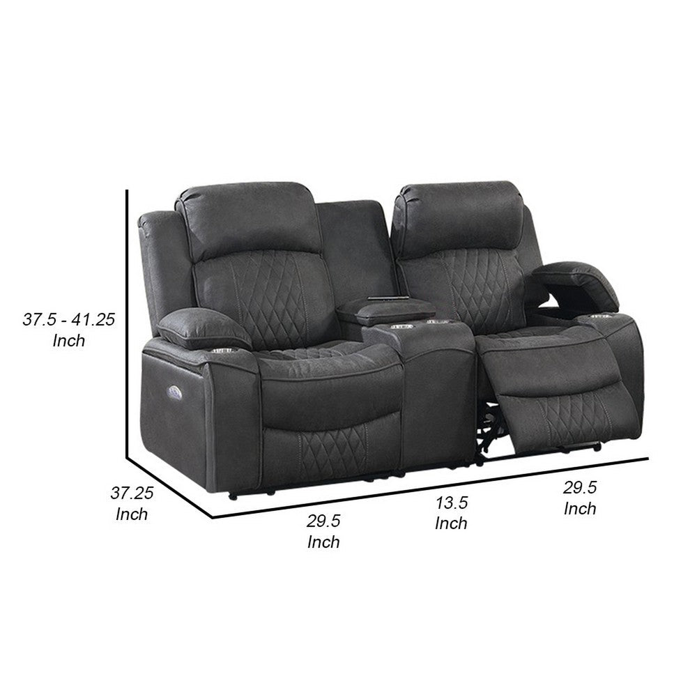 Benjara Seda 71 Inch Power Reclining Loveseat, Storage Console, Gray Faux Leather