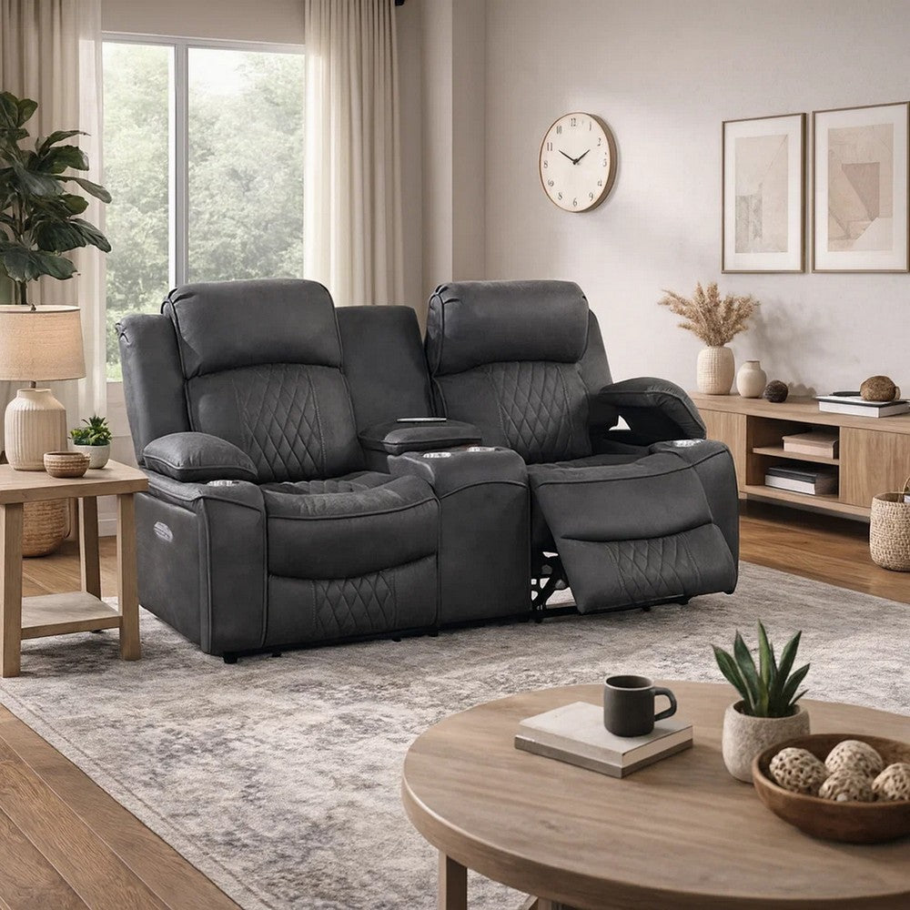 Benjara Seda 71 Inch Power Reclining Loveseat, Storage Console, Gray Faux Leather