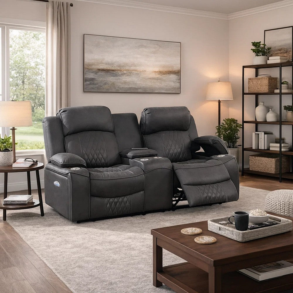 Benjara Seda 71 Inch Power Reclining Loveseat, Storage Console, Gray Faux Leather