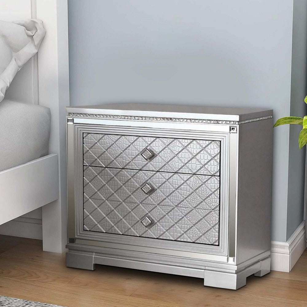 Benjara Blex 29 Inch Nightstand with 3 Drawers, Crossed Design, Silver Finish