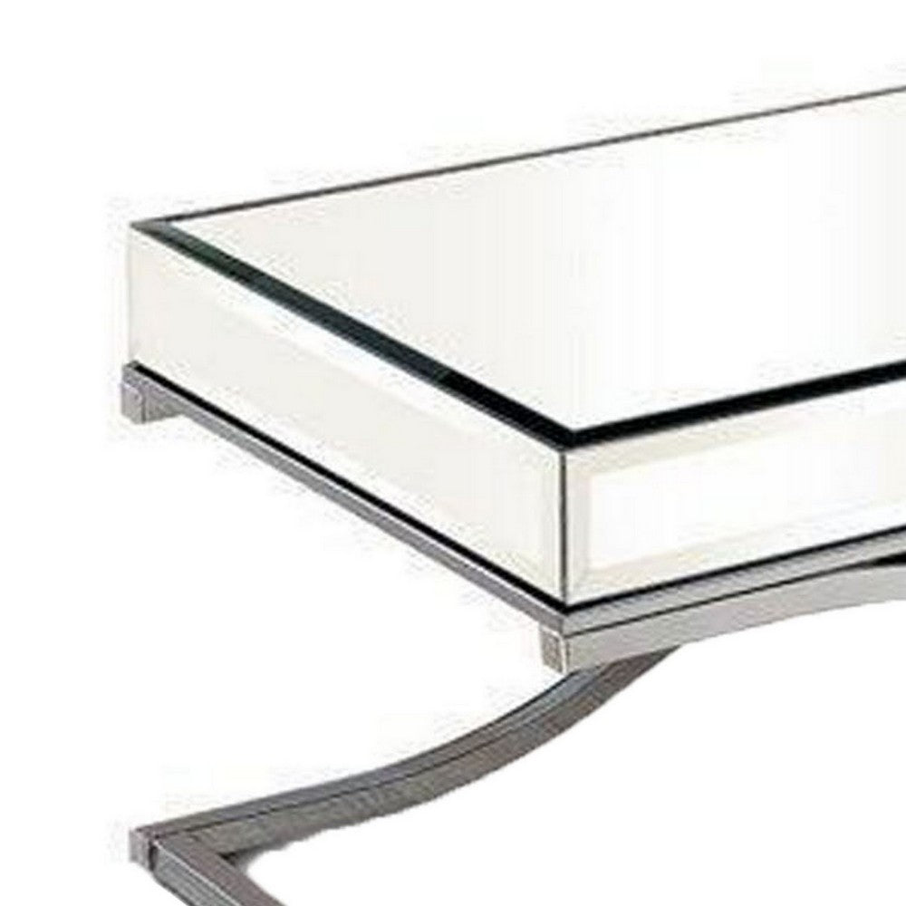 Benjara Gavin 48 Inch Coffee Table, Mirrored Panels, Curved Crossed Frame, Chrome