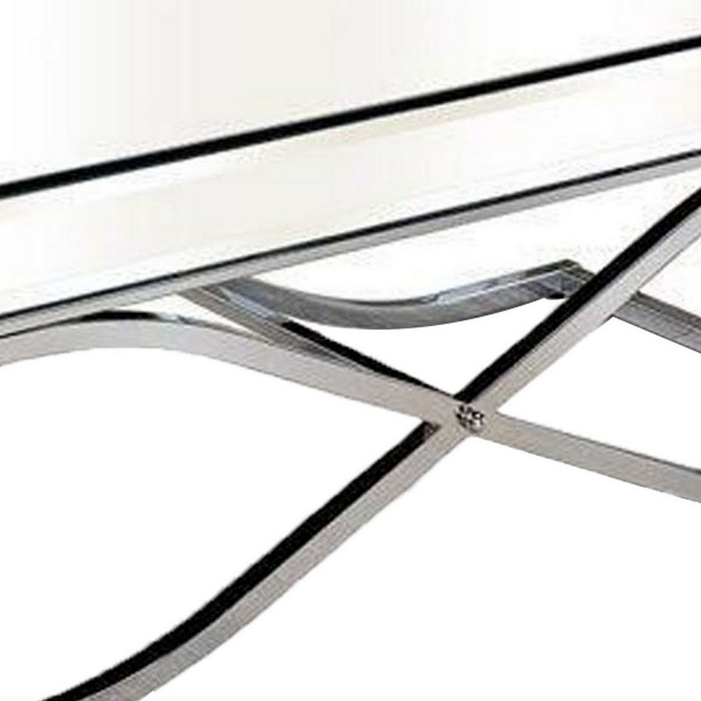 Benjara Gavin 48 Inch Coffee Table, Mirrored Panels, Curved Crossed Frame, Chrome