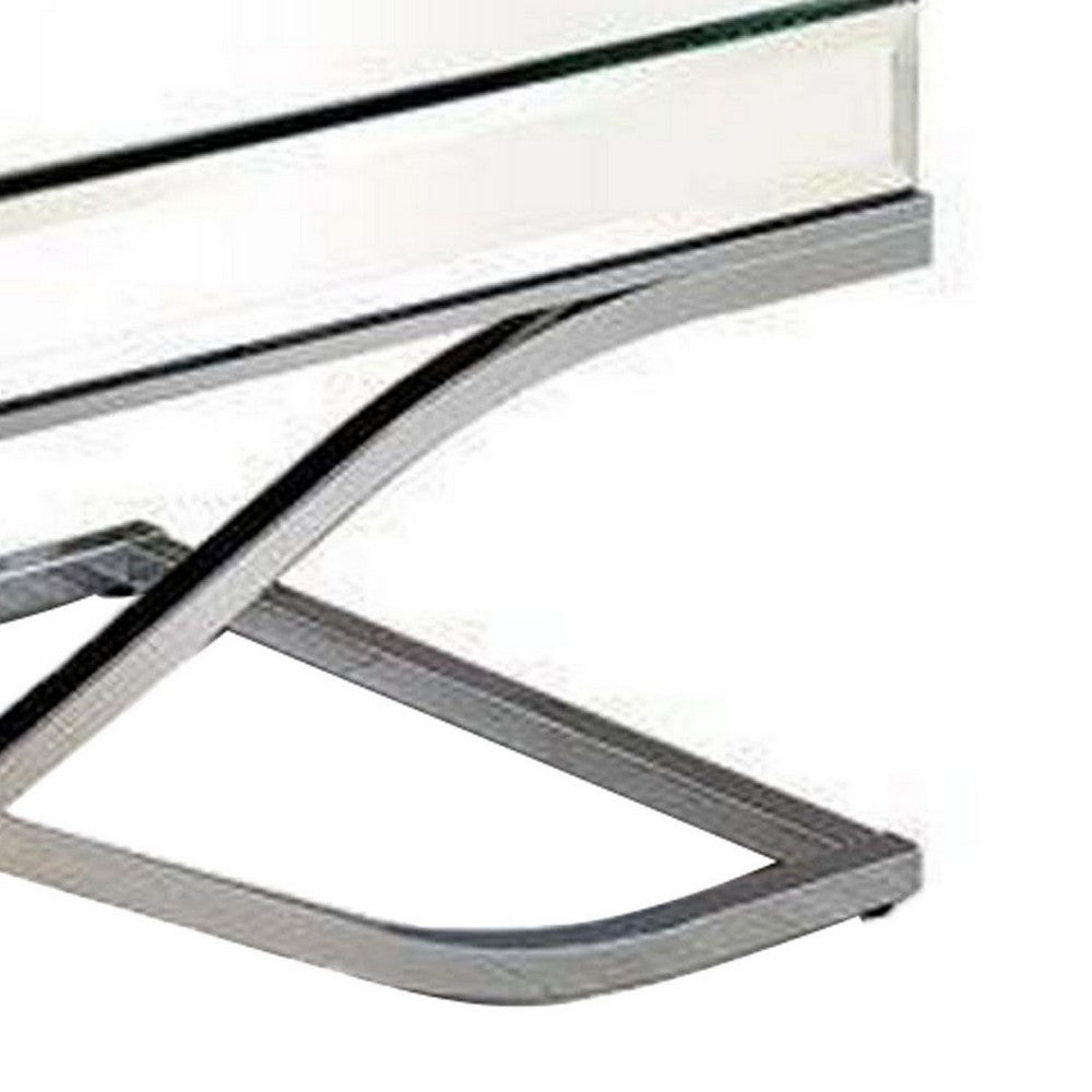 Benjara Gavin 48 Inch Coffee Table, Mirrored Panels, Curved Crossed Frame, Chrome
