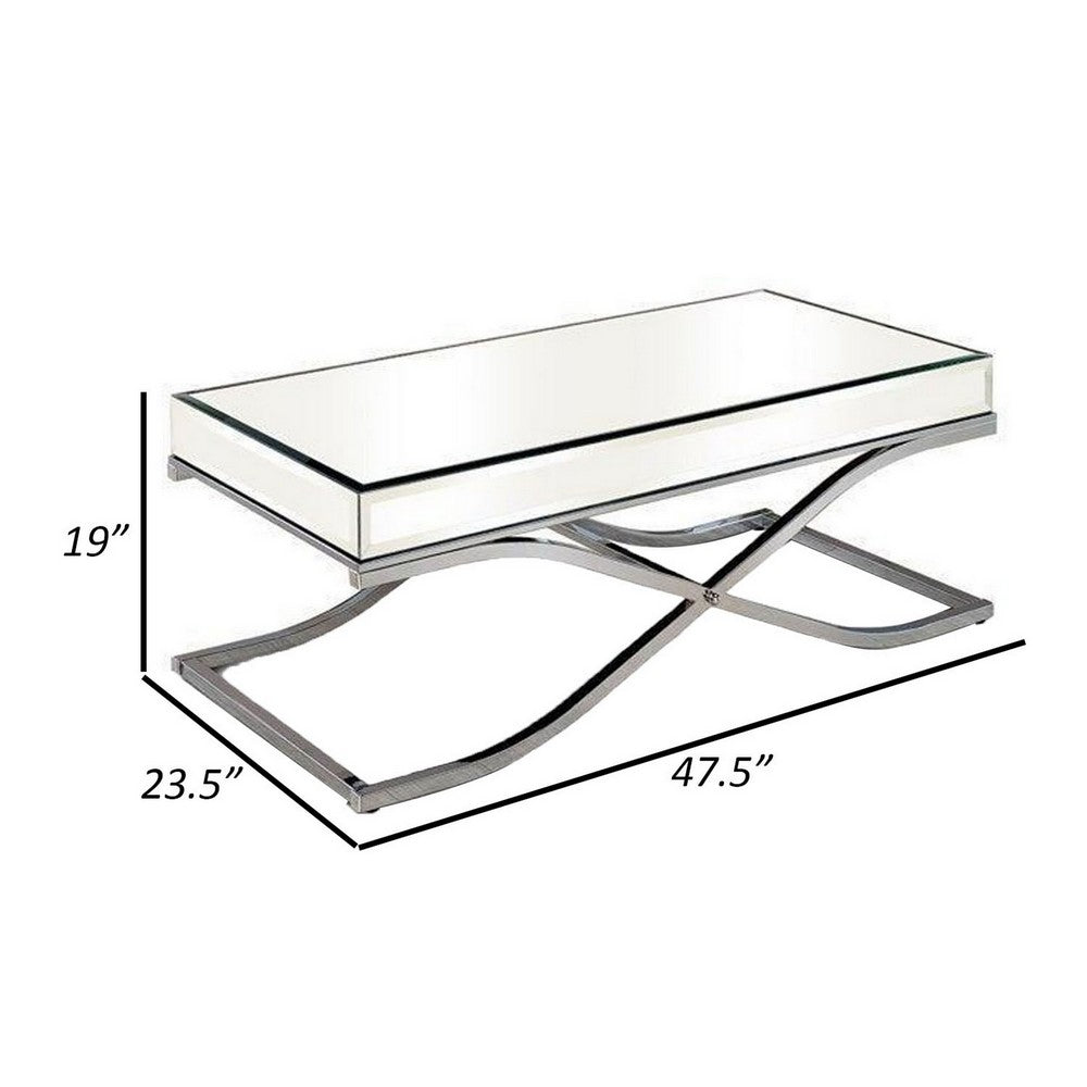 Benjara Gavin 48 Inch Coffee Table, Mirrored Panels, Curved Crossed Frame, Chrome