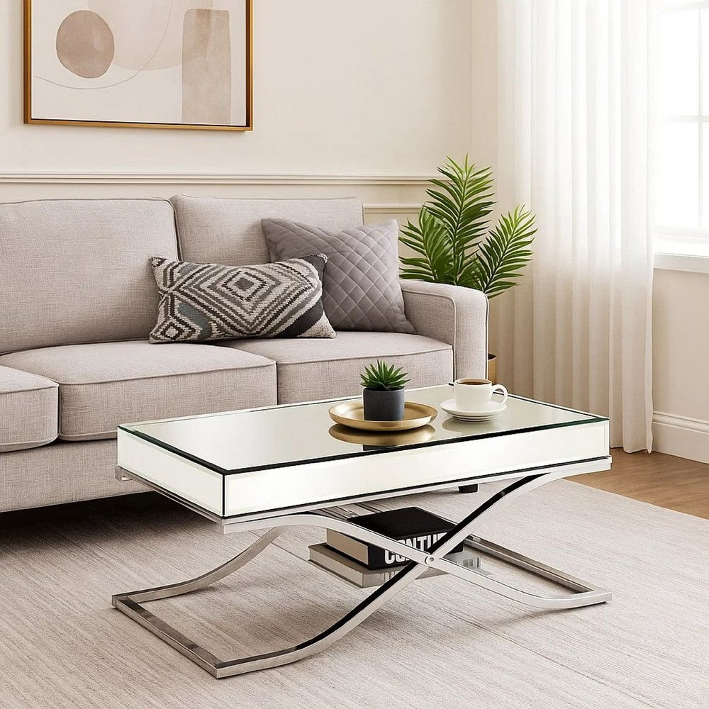 Benjara Gavin 48 Inch Coffee Table, Mirrored Panels, Curved Crossed Frame, Chrome