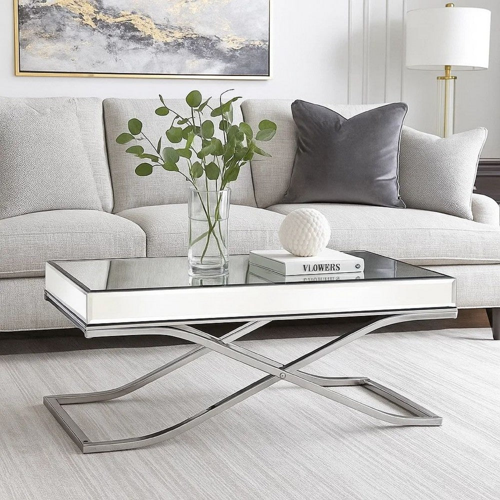 Benjara Gavin 48 Inch Coffee Table, Mirrored Panels, Curved Crossed Frame, Chrome