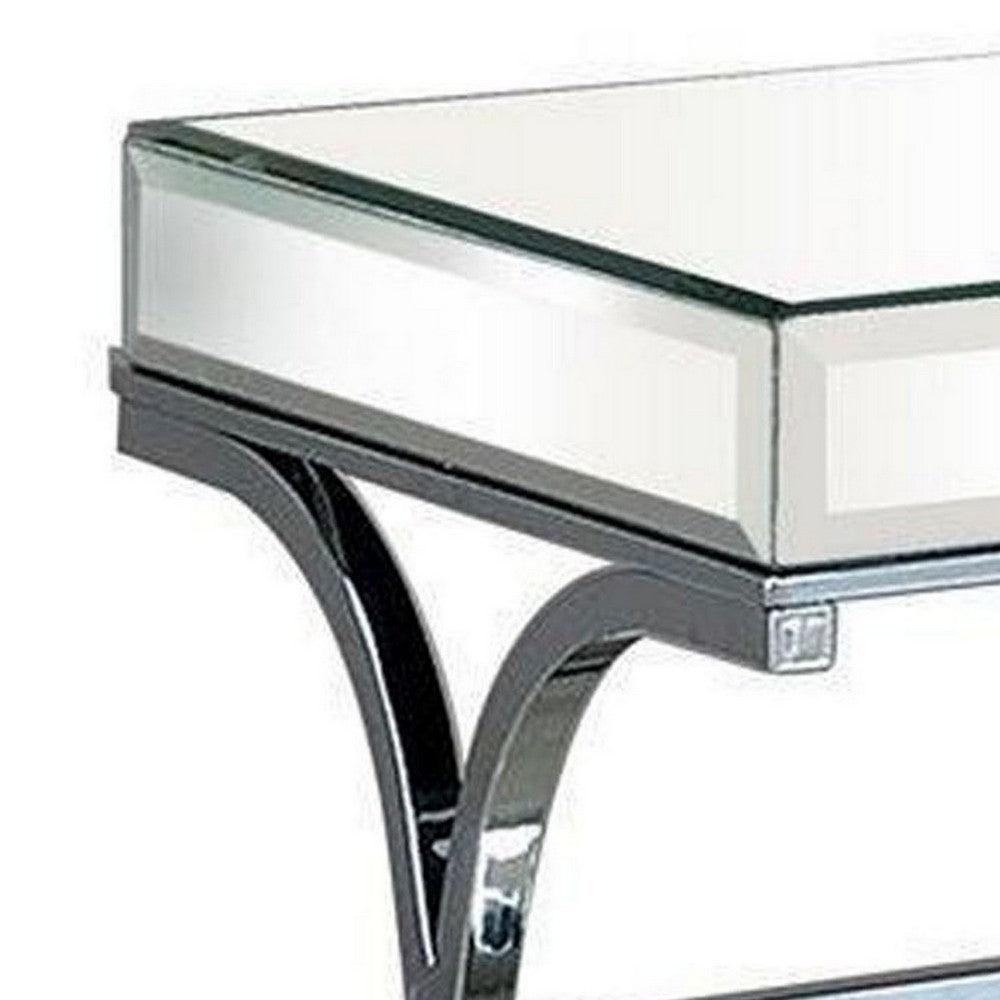 Benjara Gavin 24 Inch Side End Table, Mirrored Panels, Curved Crossed Base, Chrome
