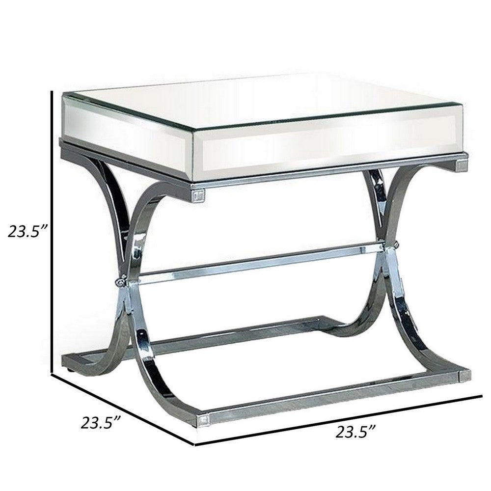 Benjara Gavin 24 Inch Side End Table, Mirrored Panels, Curved Crossed Base, Chrome