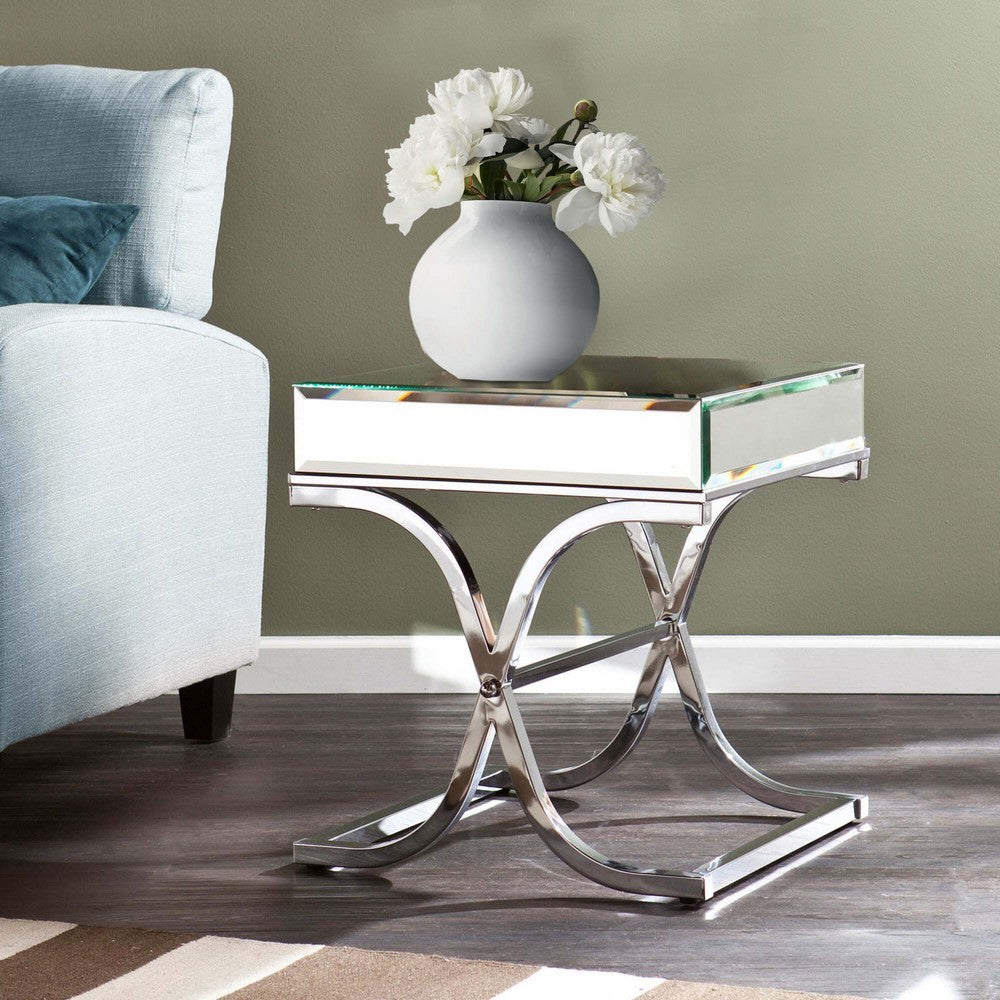 Benjara Gavin 24 Inch Side End Table, Mirrored Panels, Curved Crossed Base, Chrome