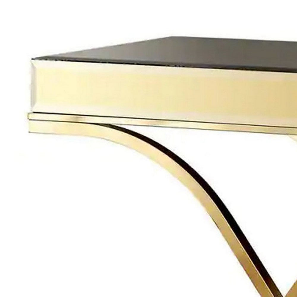 Benjara Gavin 48 Inch Sofa Console Table, Mirrored Panels, Crossed Frame, Gold