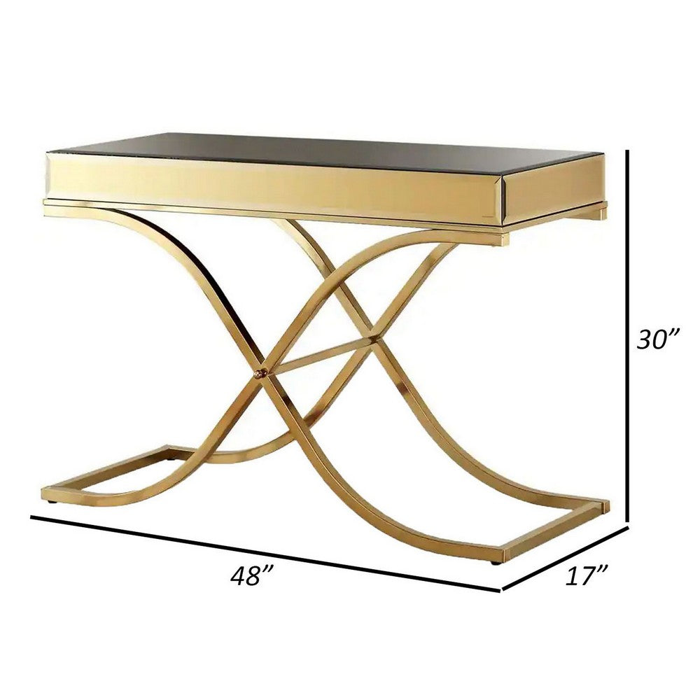 Benjara Gavin 48 Inch Sofa Console Table, Mirrored Panels, Crossed Frame, Gold